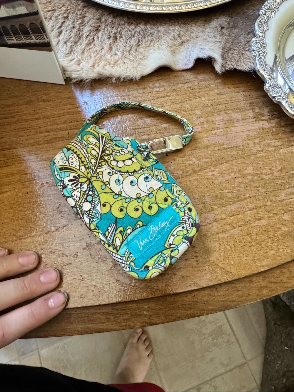 Vera Bradley Teal, Lime & Cream Patterned Wristlet Pouch
